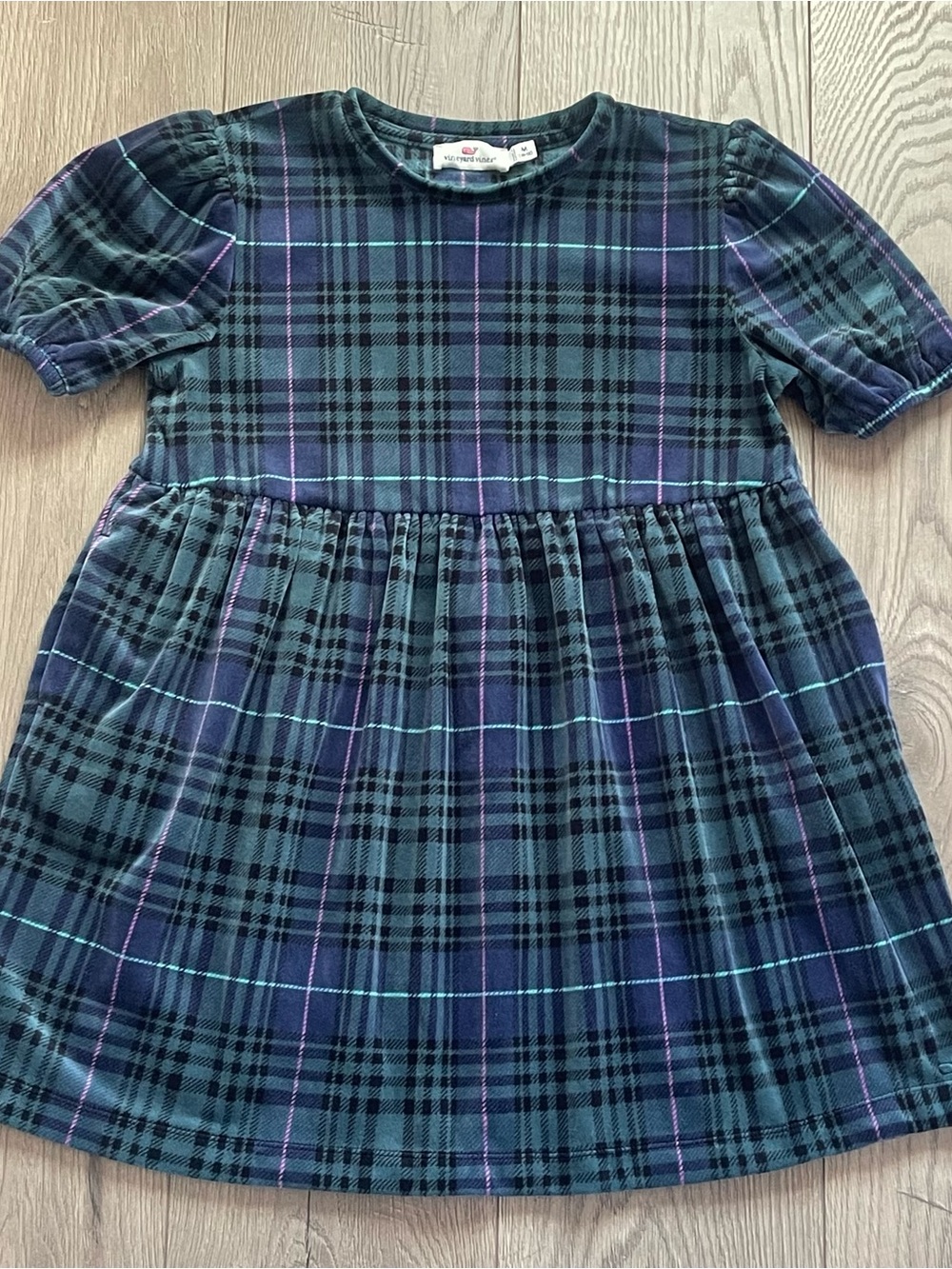 Vineyard Vines Girls Medium 10/12 Navy Green Plaid Velvet Puff Sleeve Dress